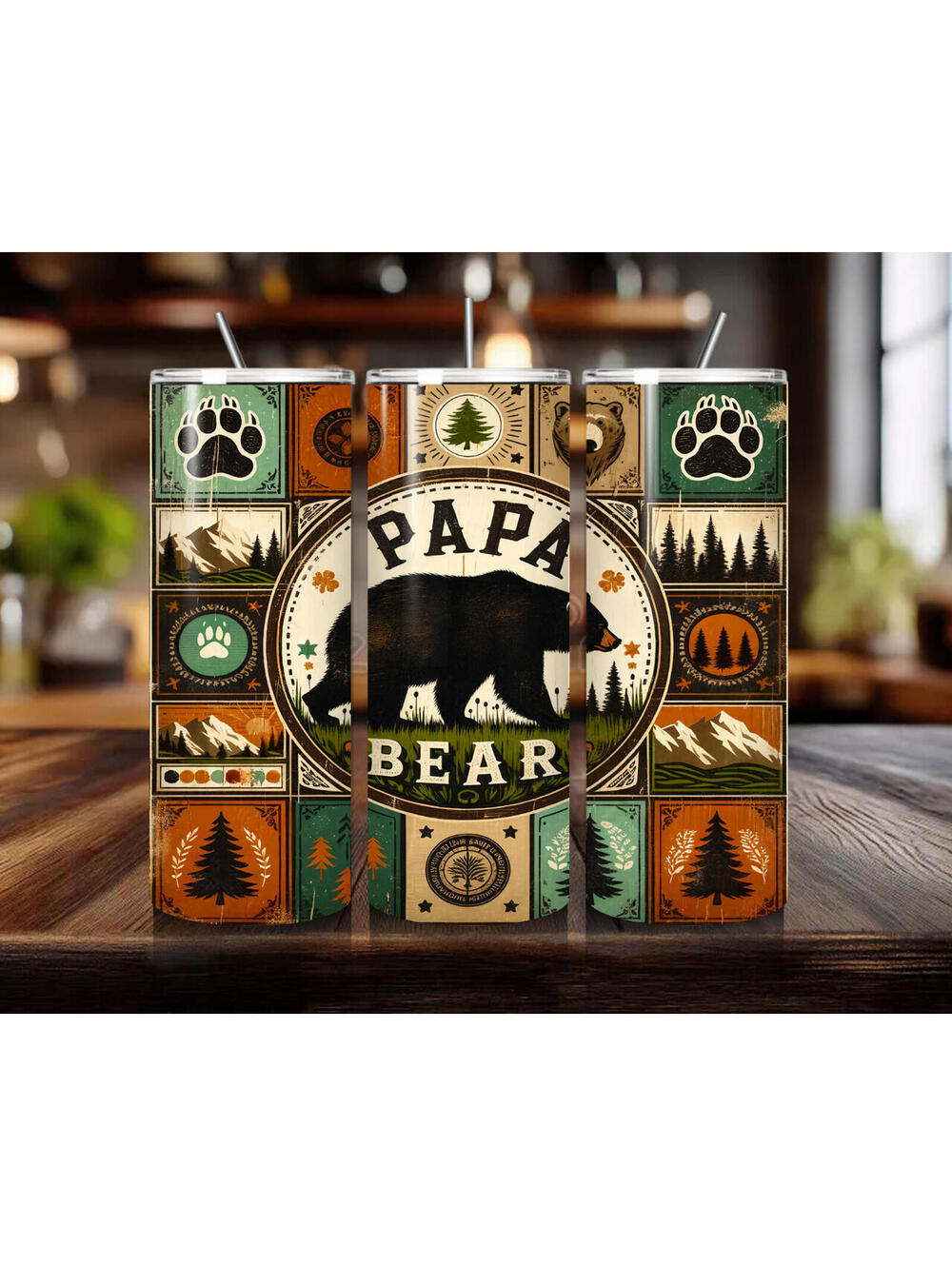 20 oz Papa Bear Stainless Steel Tumbler with Lid, Straw